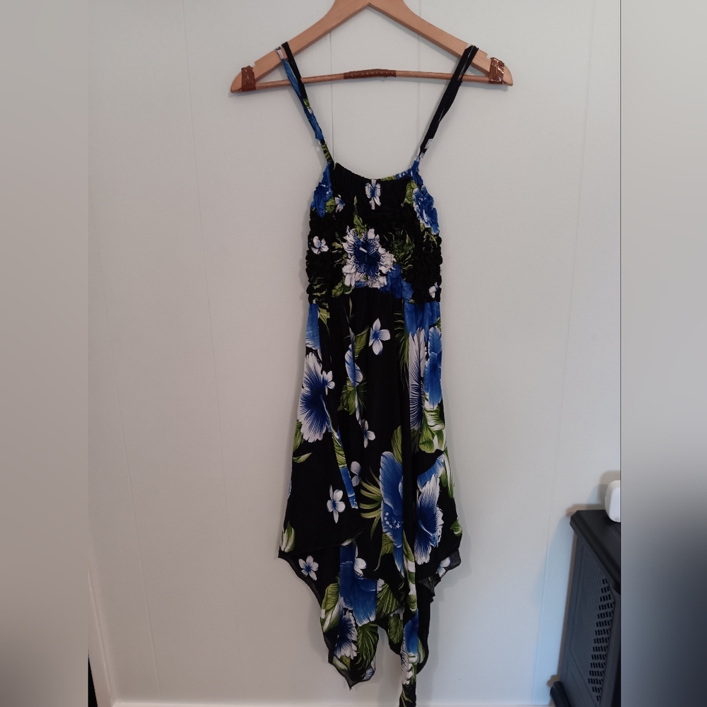 Rayon Hawaiin Flower Black Green and Blue Dress